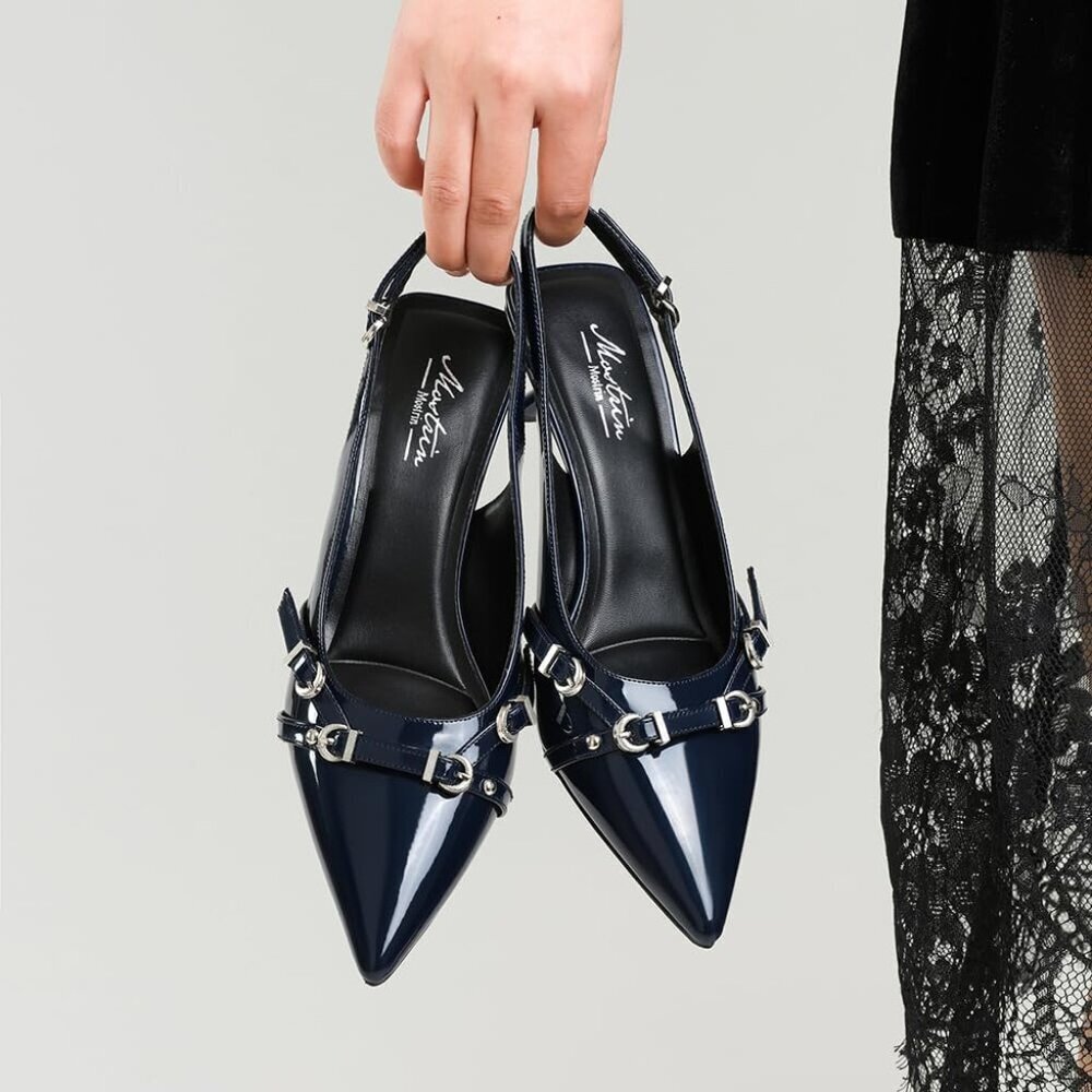 Women's Navy Blue Pointed Toe Pumps Patent Leather Slingback Heels With Buckle - Picture 3 of 9